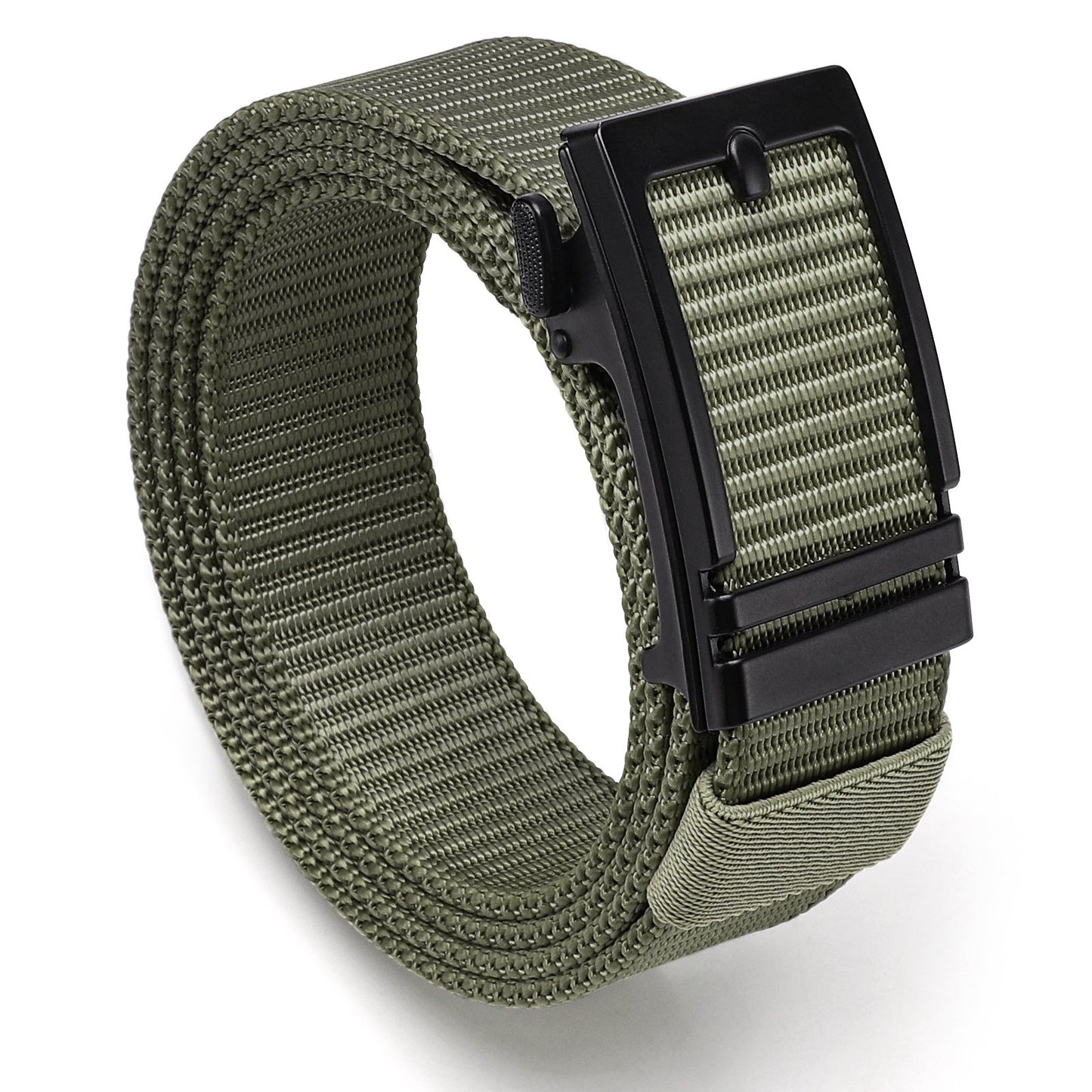 Nylon ratchet belt in olive green with black automatic slide buckle, adjustable webbing