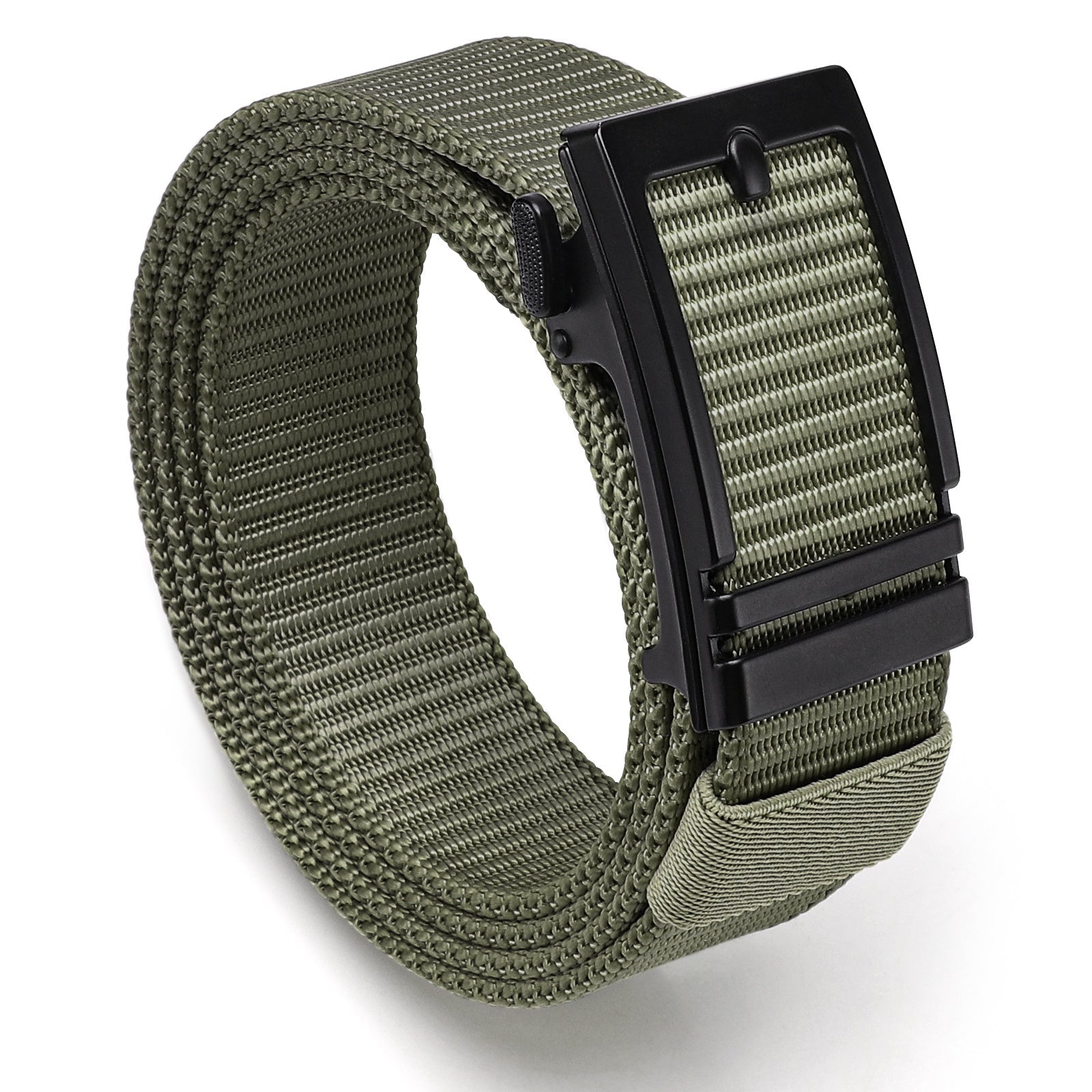 Nylon ratchet belt in olive green with black automatic slide buckle, adjustable webbing