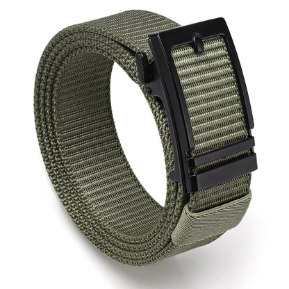 Nylon ratchet belt in olive green with black automatic slide buckle, adjustable webbing