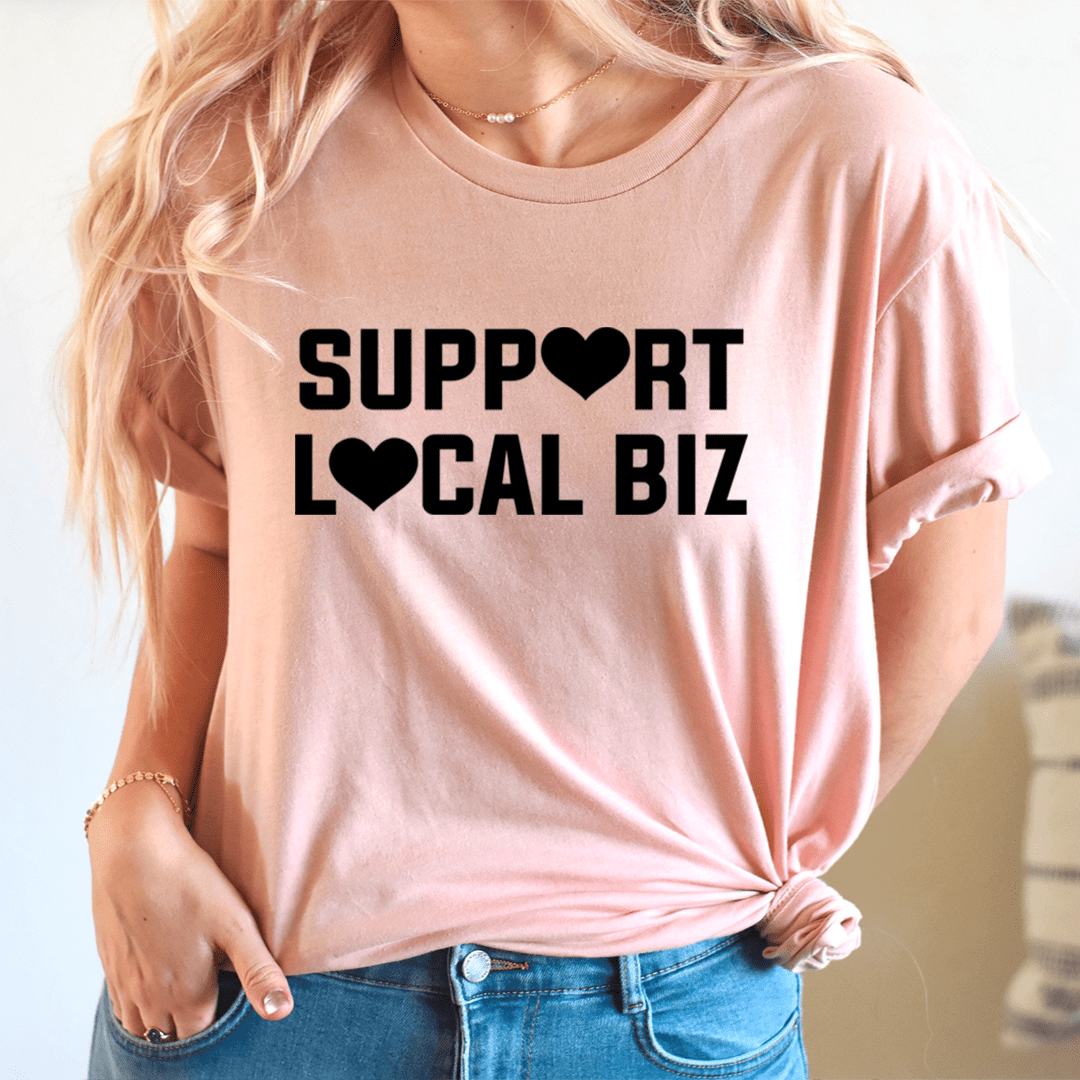 Support Local Biz T-shirt, heather peach with black heart logo text