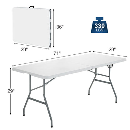 White rectangular portable folding camping table with gray metal legs, size labeled