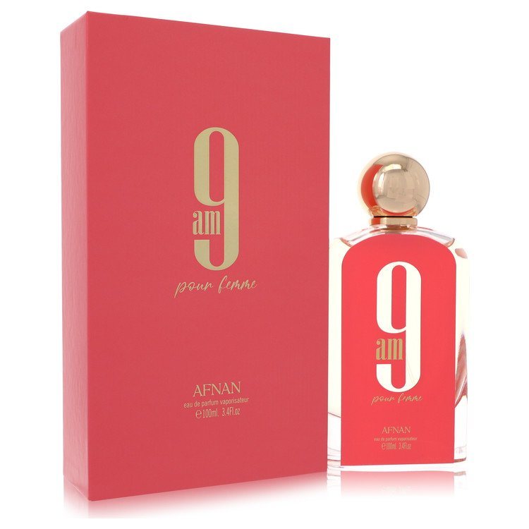 Afnan 9am Pour Femme eau de parfum spray bottle with pink box and gold cap