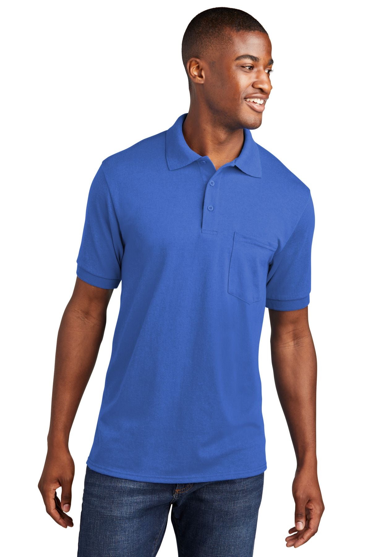 Pocket polo shirt in royal blue, short sleeves, button placket, chest pocket
