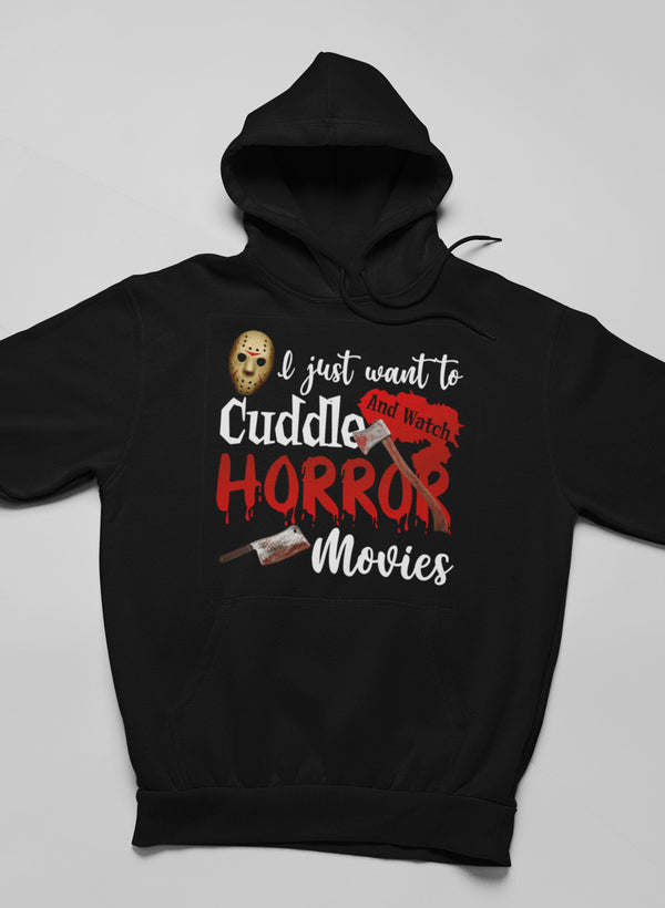 Black pullover hoodie with front graphic text and hood