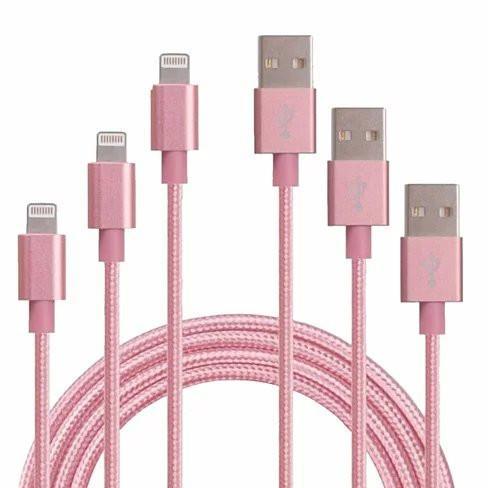 Pink charging cable set with Lightning and USB connectors, braided cord.