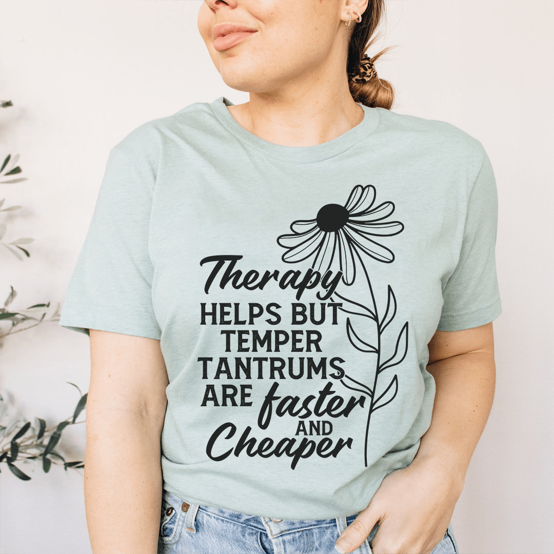 Light blue crew-neck T-shirt with flower and therapy/temper tantrums slogan