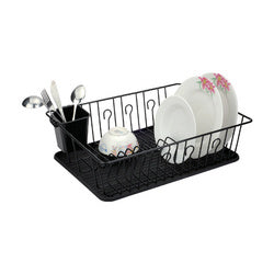 Chrome dish rack with black draining tray, holding plates and cups