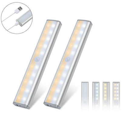 Rechargeable motion LED light bars, white and silver with USB charging cable inset