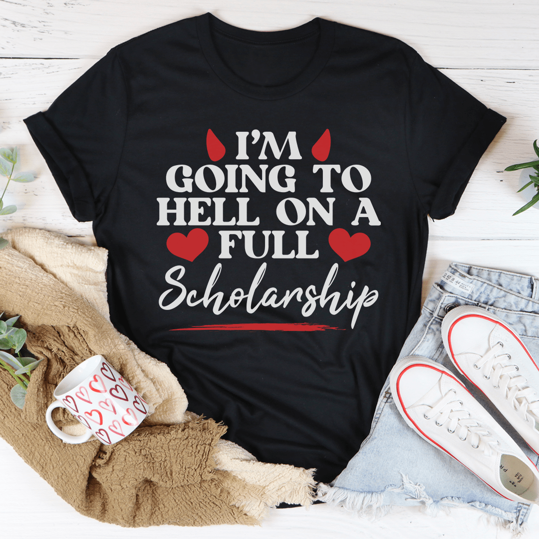 Black crew-neck graphic T-shirt with red and white slogan text
