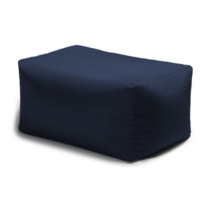 Navy outdoor bean bag ottoman with smooth square fabric panels and rounded top.