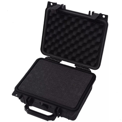Black protective equipment case opened, showing foam-lined insert tray