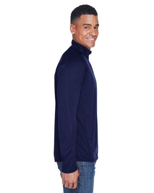 Men's navy quarter-zip performance top, side view with white zipper trim