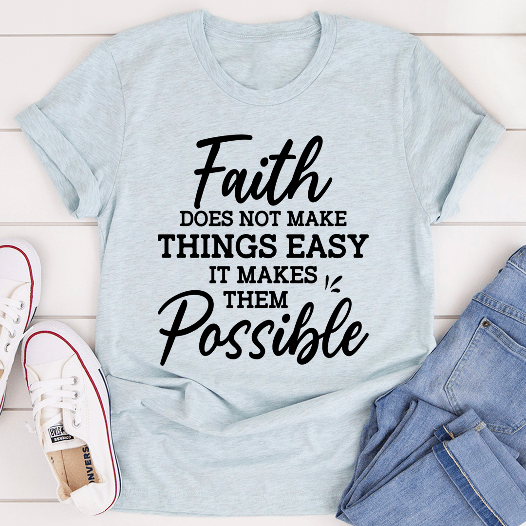 Light blue short-sleeve crew-neck Faith t-shirt with centered Possible script print