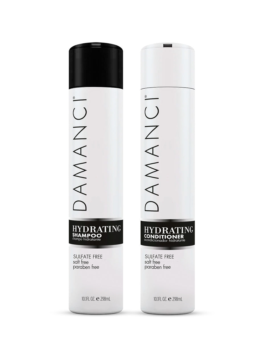 Hydrating shampoo and conditioner duo bottles, tall white bottles with pumps