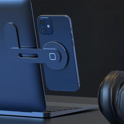 Blue magnetic phone holder with round magnet base on a laptop