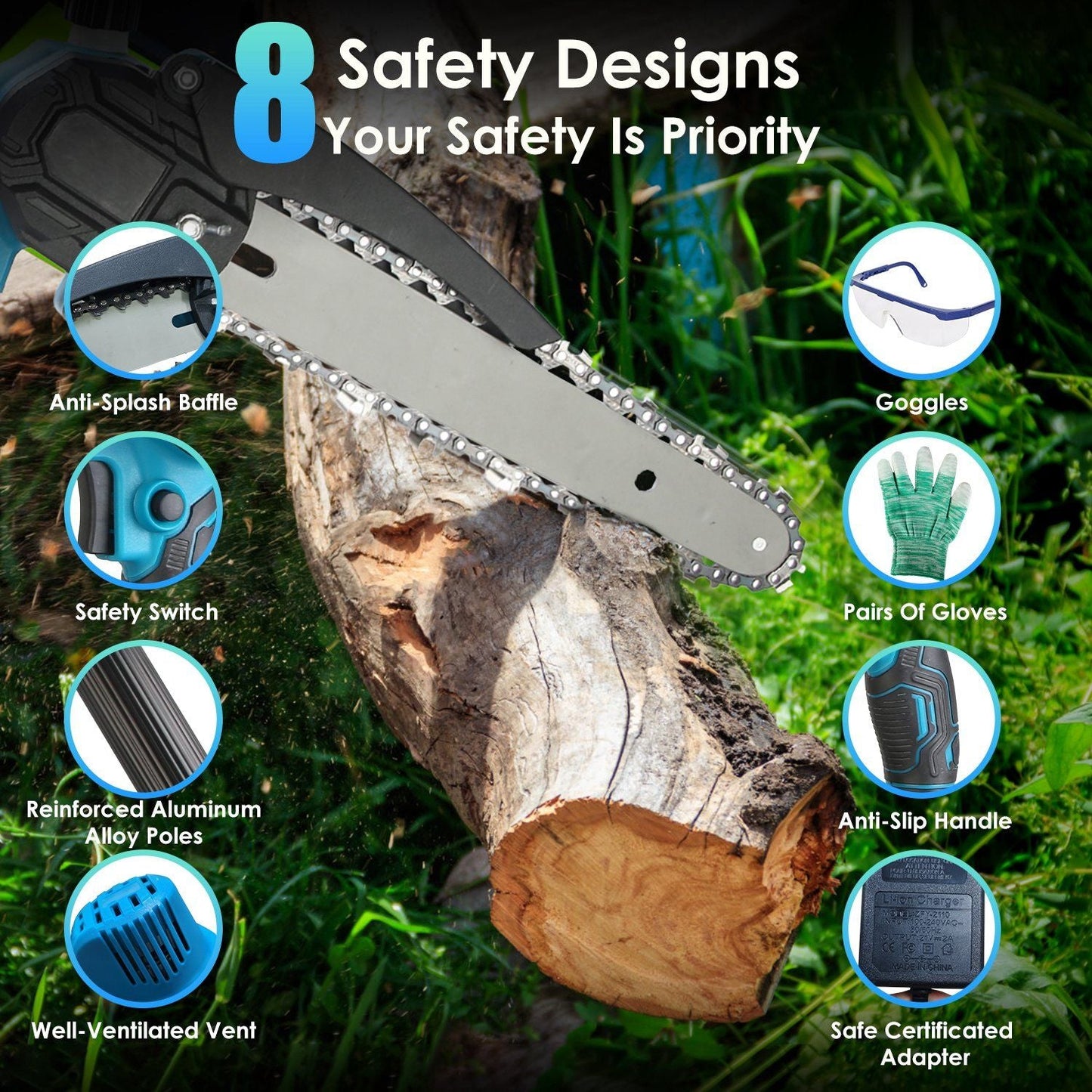 2-In-1 8' Cordless Electric Pole Saw and Mini Chainsaw with Extension Poles 2Pcs 21V 3.0Ah Batteries Adjustable Length Chain Saw With Auto Oiler Safety Switch For Wood Cutting