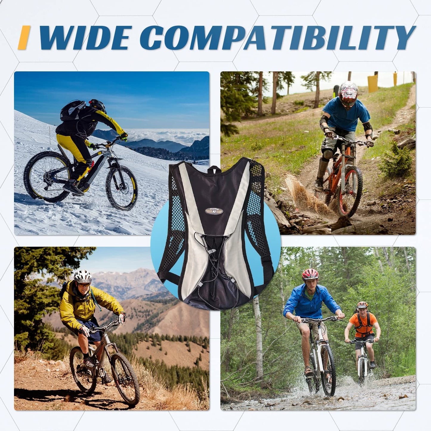 Black hydration backpack with light gray back panel, mesh straps, and center harness