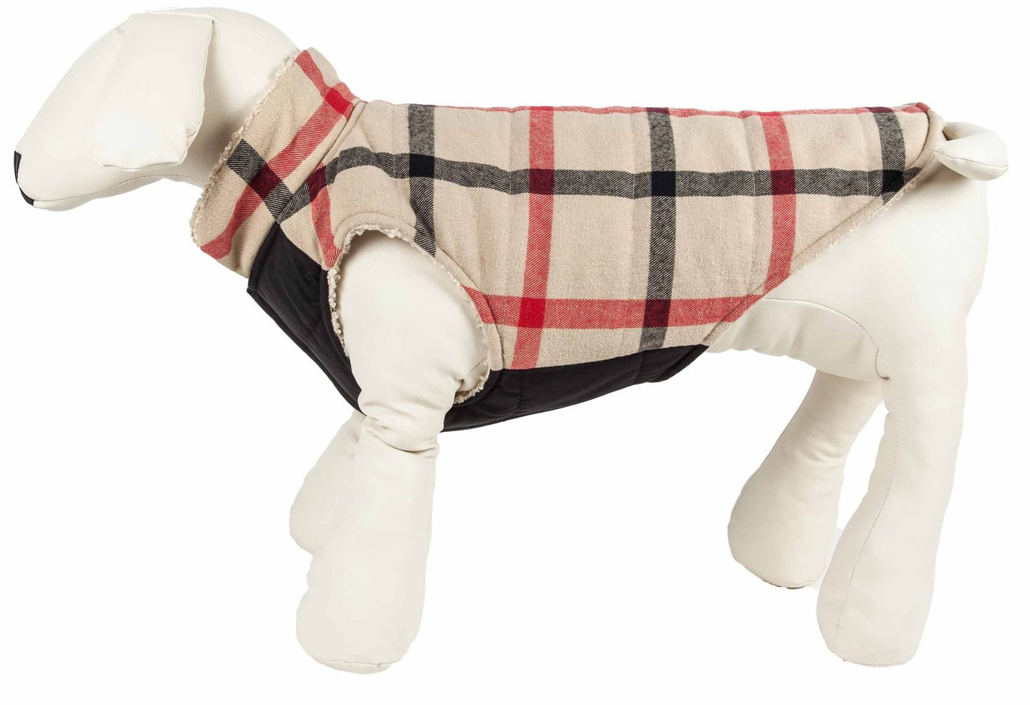 Dog insulated plaid coat jacket with dark quilted front and hooded back