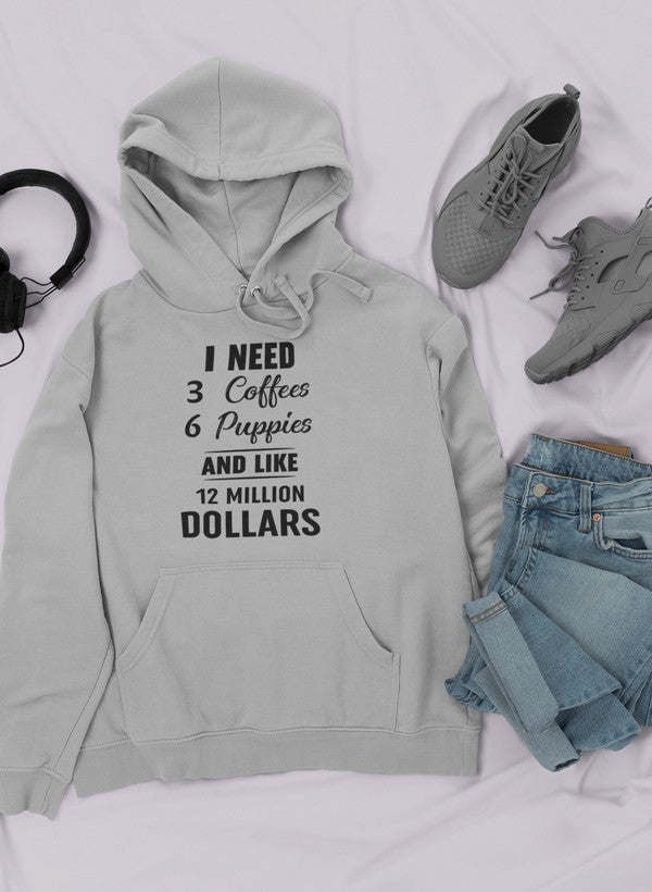 Light gray hoodie with drawstring hood and front pocket, featuring bold chest text graphic.