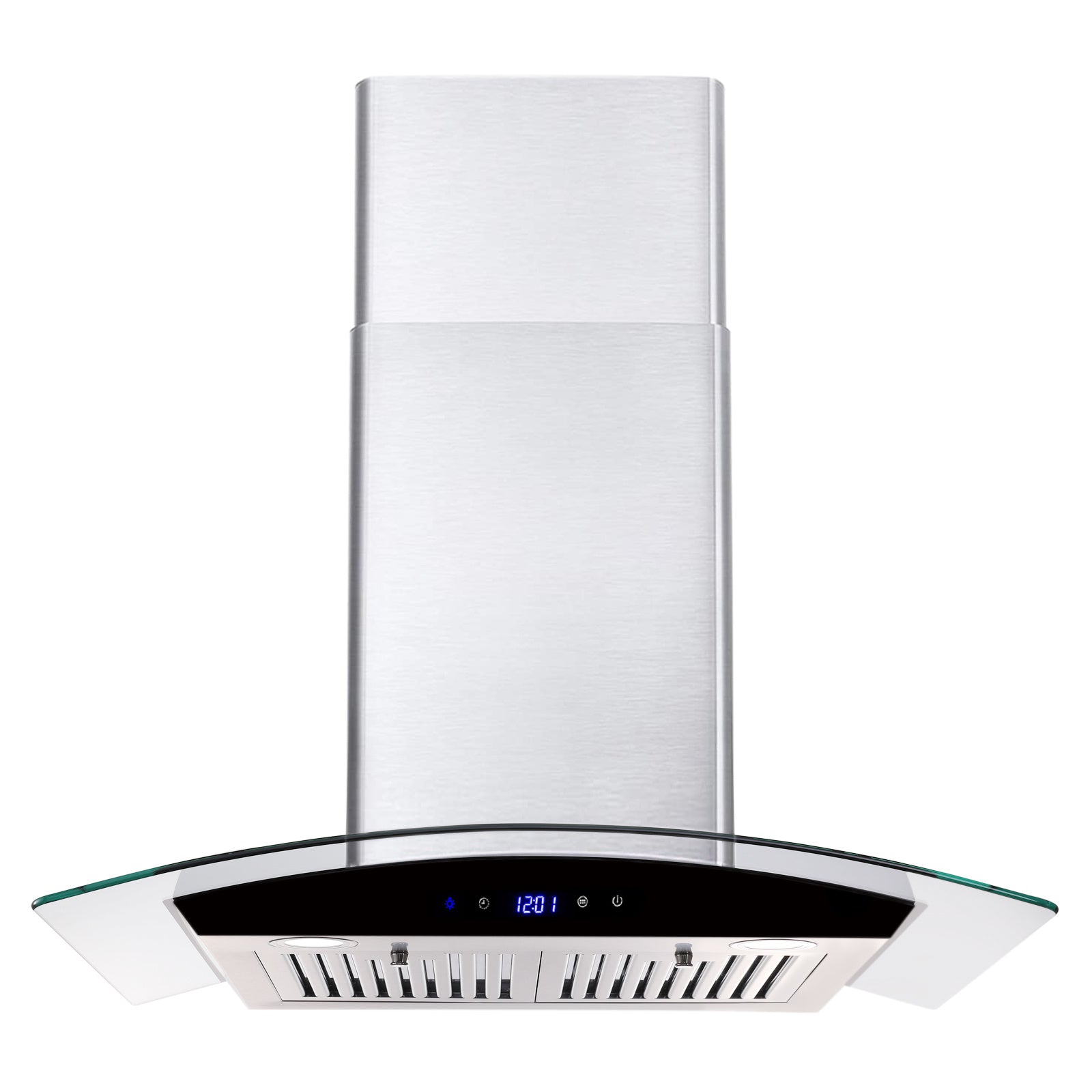 30-inch wall mounted range hood front view with glass canopy and stainless steel chimney