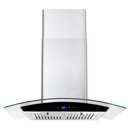30-inch wall mounted range hood front view with glass canopy and stainless steel chimney