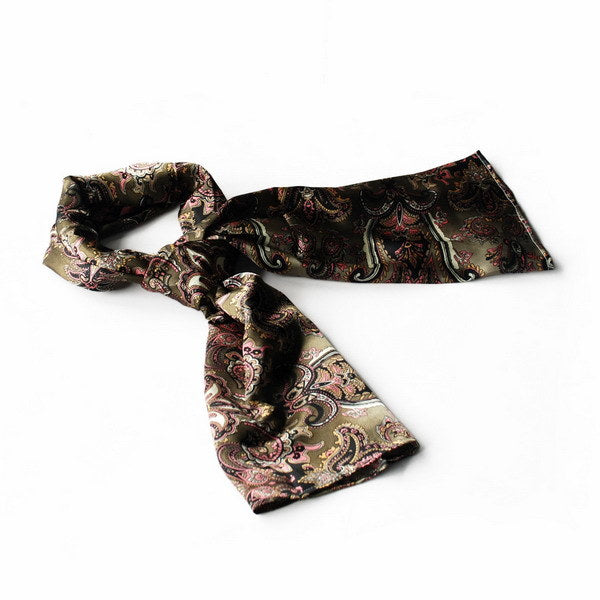 Paisley silk scarf in dark brown/black with pink and green accents, small size.