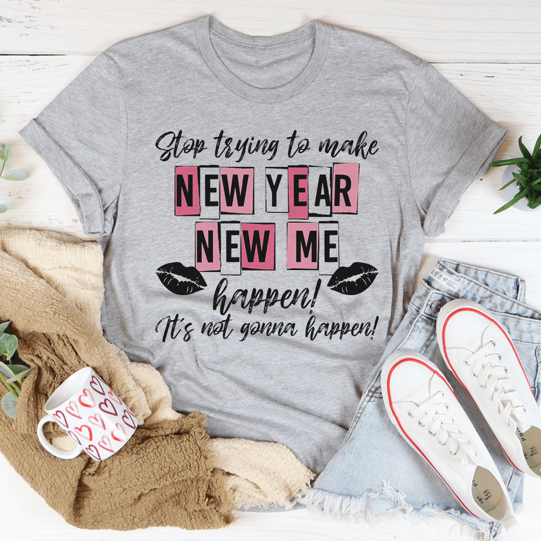 Heather gray crewneck T-shirt with "NEW YEAR NEW ME" graphic slogan, short sleeves