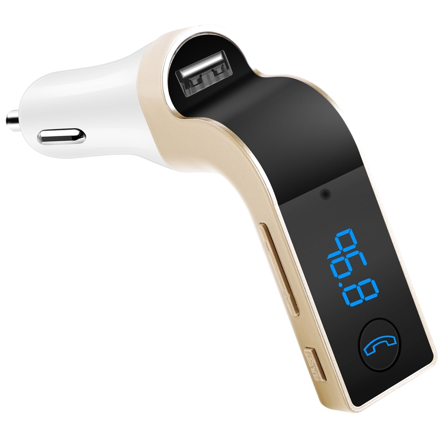 Gold and white car FM transmitter close-up with LCD showing 88.8 and USB port detail