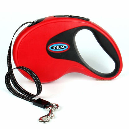 Retractable pet leash with red housing, black trim, grey cord, and metal clasp.