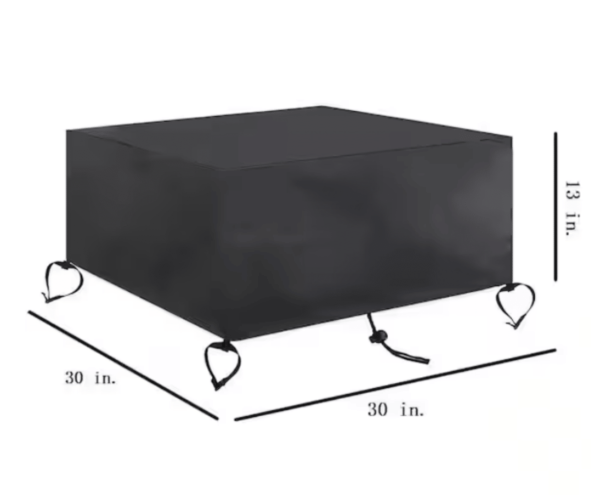 Square fire pit cover, black, with 30 in size marks and corner ties