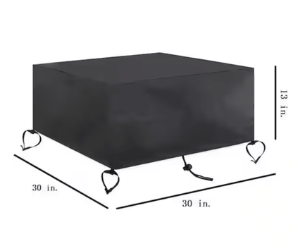 Square fire pit cover, black, with 30 in size marks and corner ties