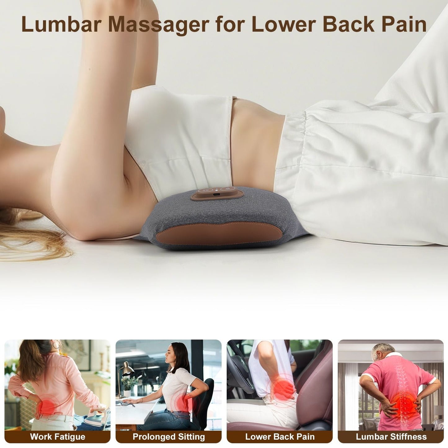Dark grey lumbar massager pillow under lower back on white bedding