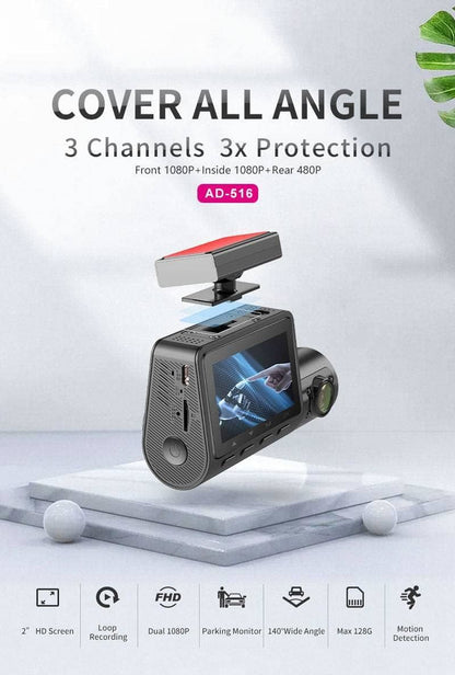 3 Channel Dash Cam for Car with 1080 + 1080 + 480p Three Lenses, Wide Angle Monitoring Range of 140° + 140° + 130°, 24-Hour Parking Monitoring, 4 Infrared Lamps with 64GB Memory Card