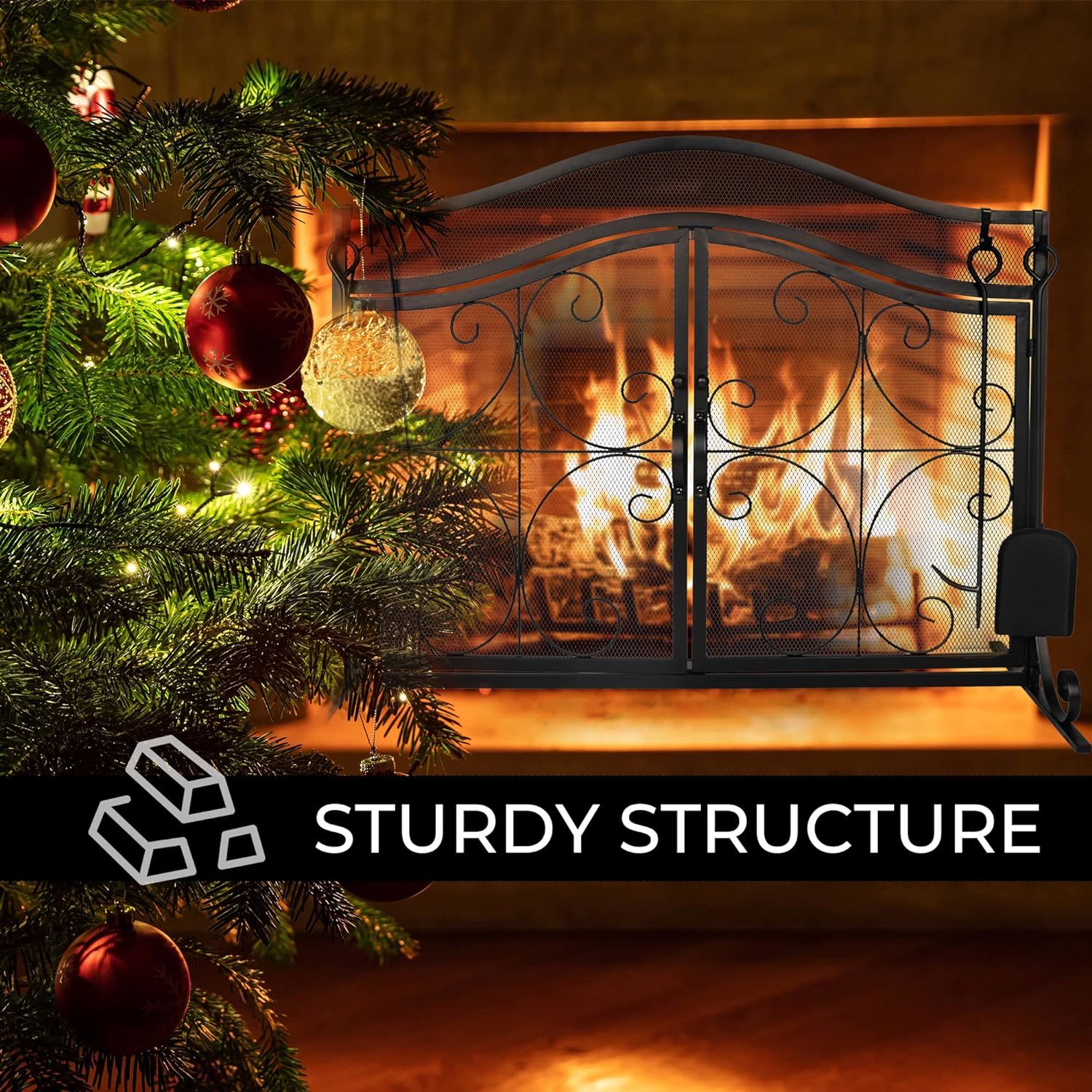 Arch metal fireplace screen with two hinged doors and scrollwork mesh panels