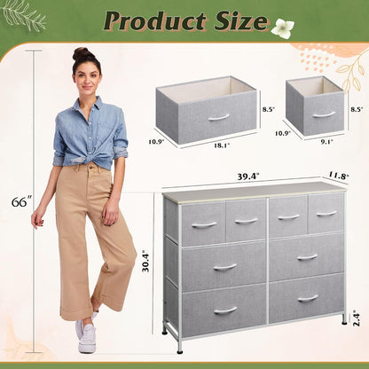 Dresser for Bedroom with 8 Drawers, Wide Fabric Dresser for Storage and Organization, Chest of Drawers, Dressers for Living Room, Closet, Hallway, Dark Grey