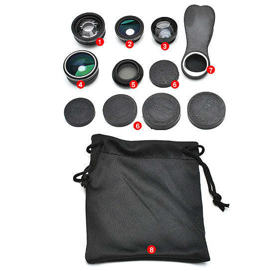 Photo magic lens set with five lens filters and black drawstring storage pouch