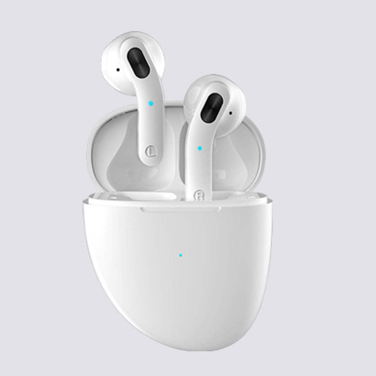 White charging case with two white Bluetooth earbuds, blue indicator lights