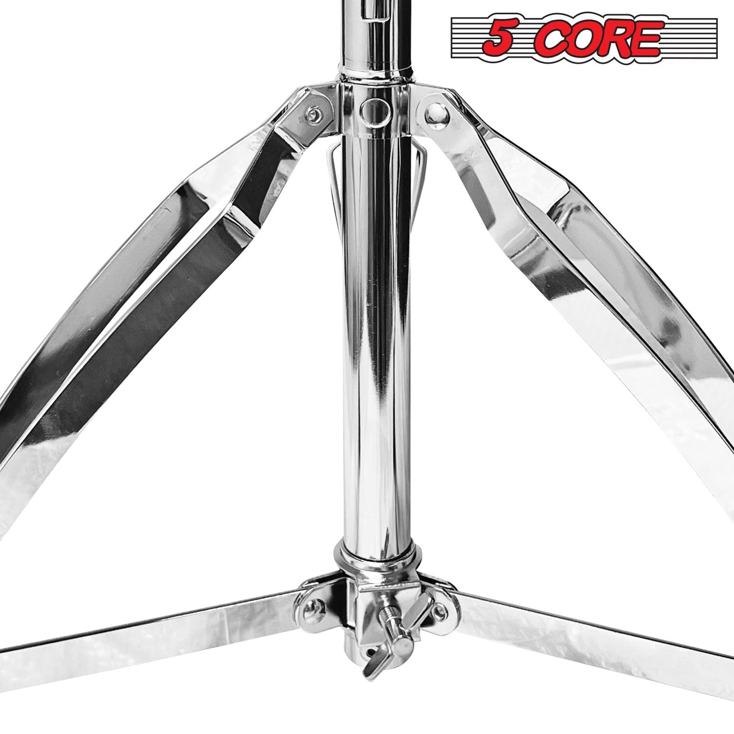 Chrome tripod legs and height post for a black padded drum throne seat