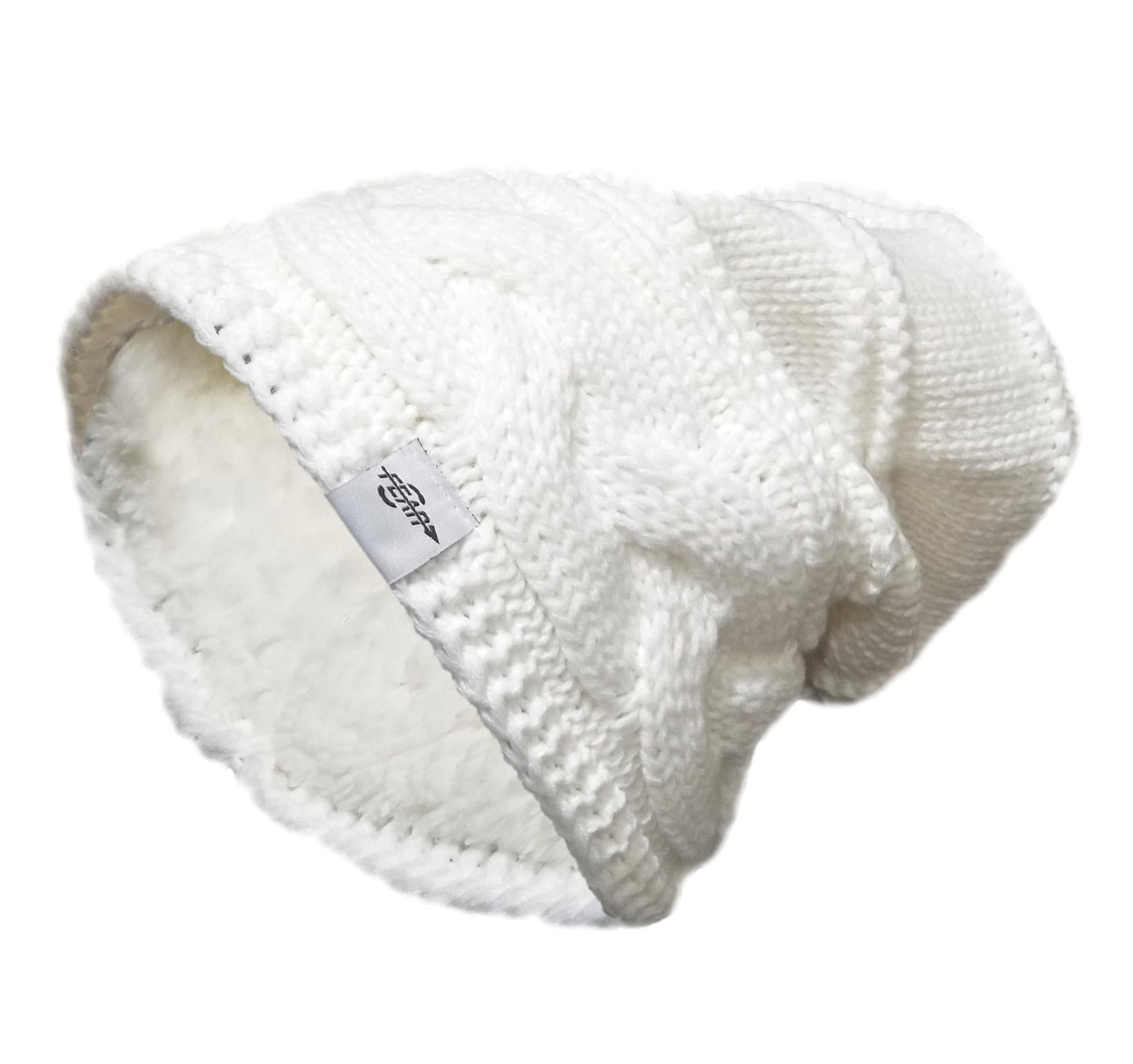 White fleece-lined knit beanie hat with textured rib and logo patch