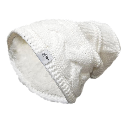 White fleece-lined knit beanie hat with textured rib and logo patch
