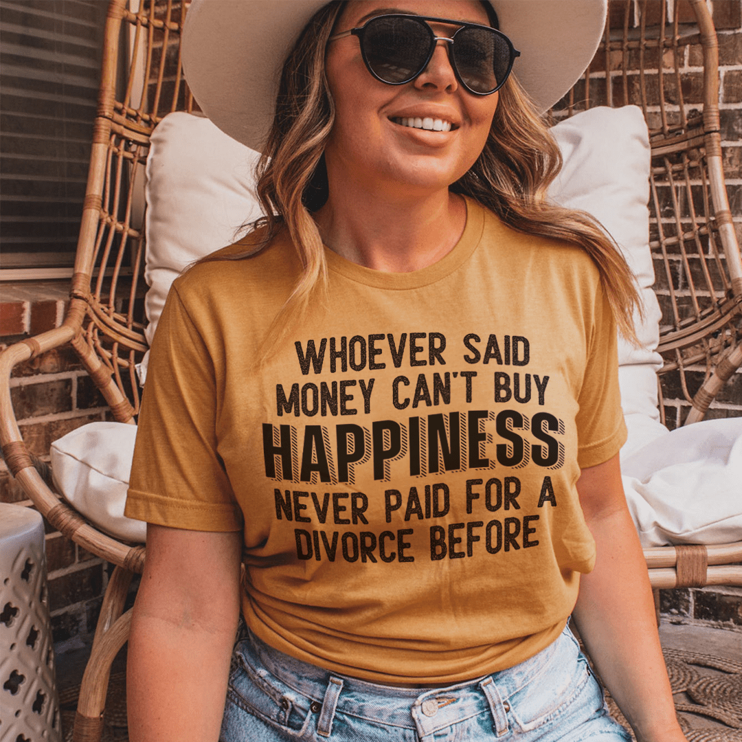 Mustard T-shirt with 'HAPPINESS' and quote text graphic at center