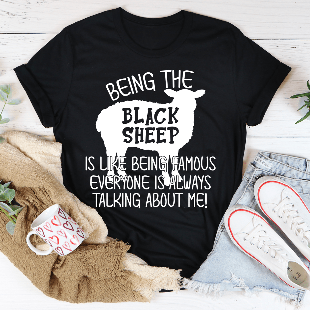 Black graphic T-shirt with 'Being the Black Sheep' slogan front print