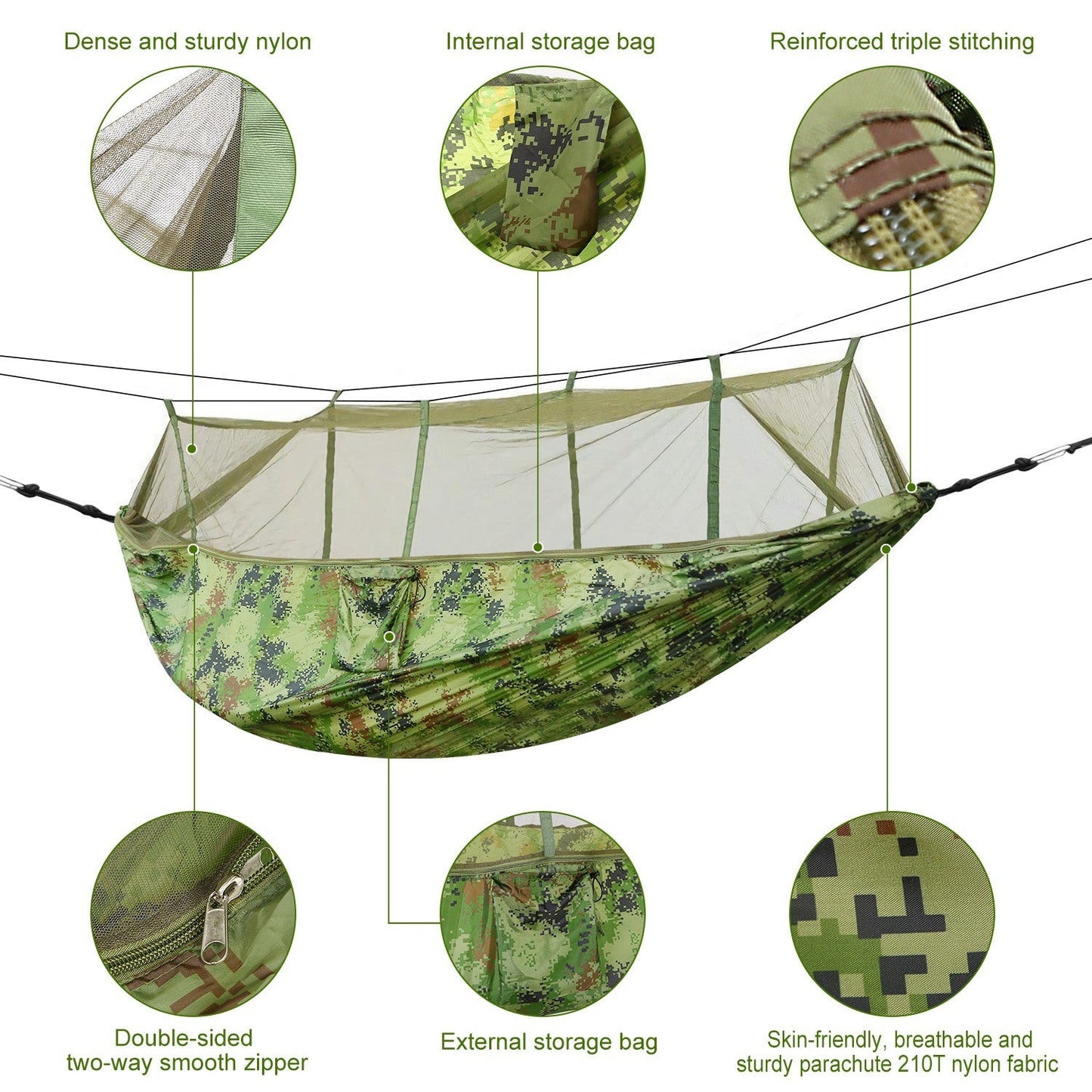 Green camouflage hammock with mosquito net, shown with zipper and storage details