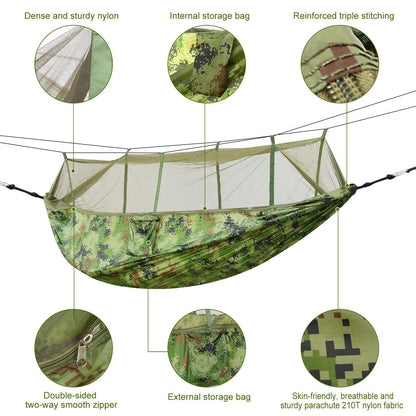 Green camouflage hammock with mosquito net, shown with zipper and storage details