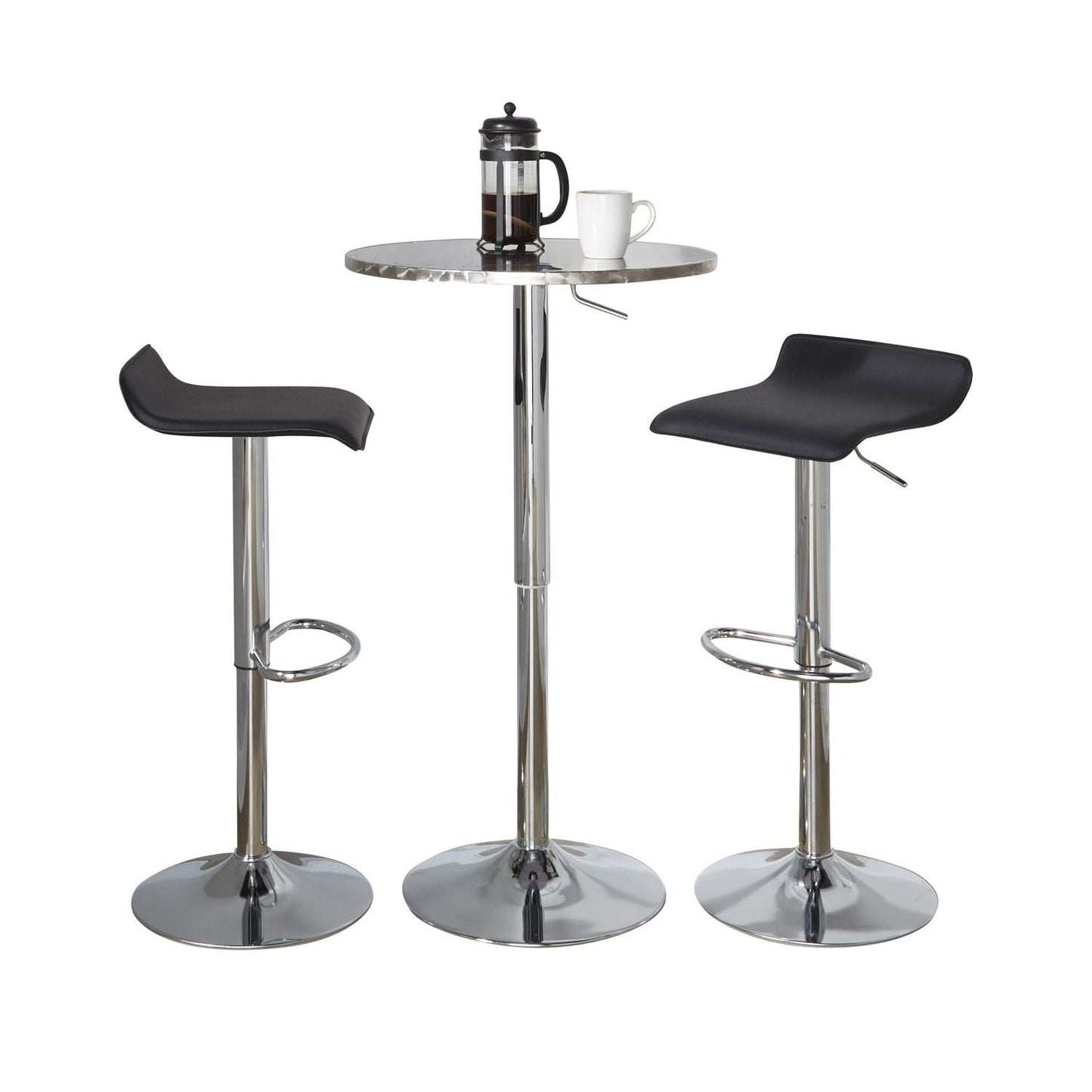 Bistro Round-Ale Contemporary Adjustable Bar Set in Silver and Chrome Metal with Black PVC and Oval Footrest by - 3 Piece