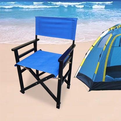 Blue canvas director folding chair with black wooden frame and built-in carry loop