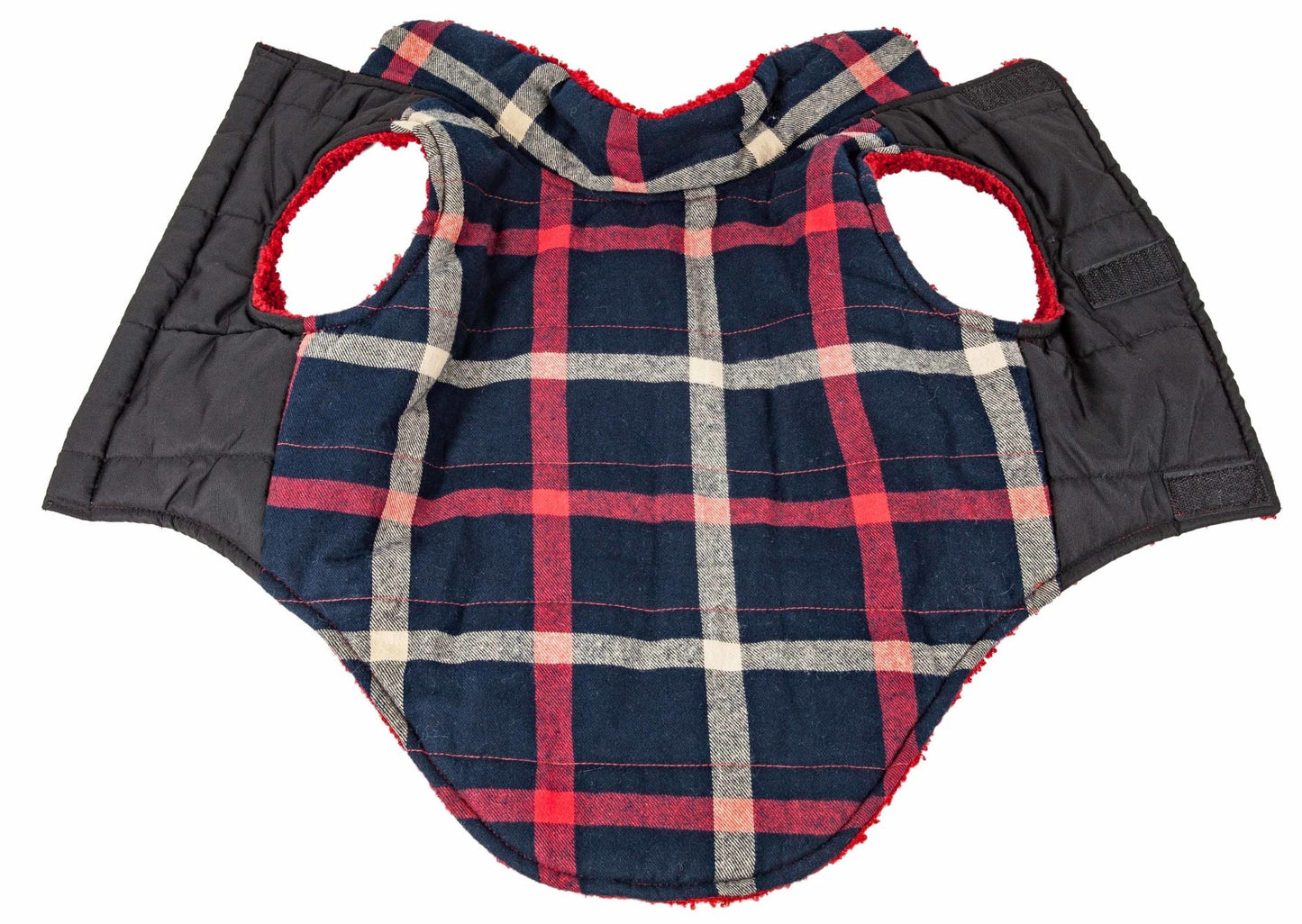 Dog insulated coat jacket with blue-red plaid lining and black quilted shell