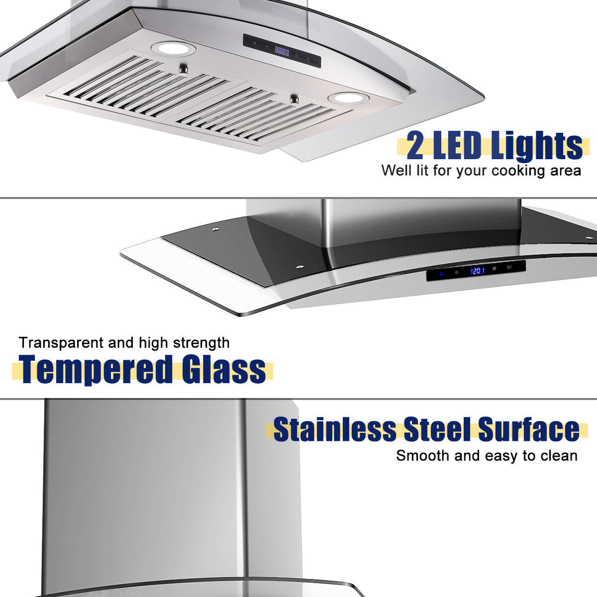 30-inch range hood front view with tempered glass canopy and stainless steel filter grates
