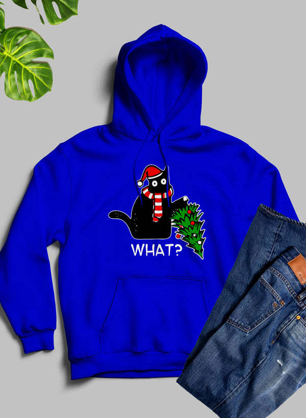 Royal blue cat Christmas tree hoodie with hood, front pocket, and 'WHAT?' graphic