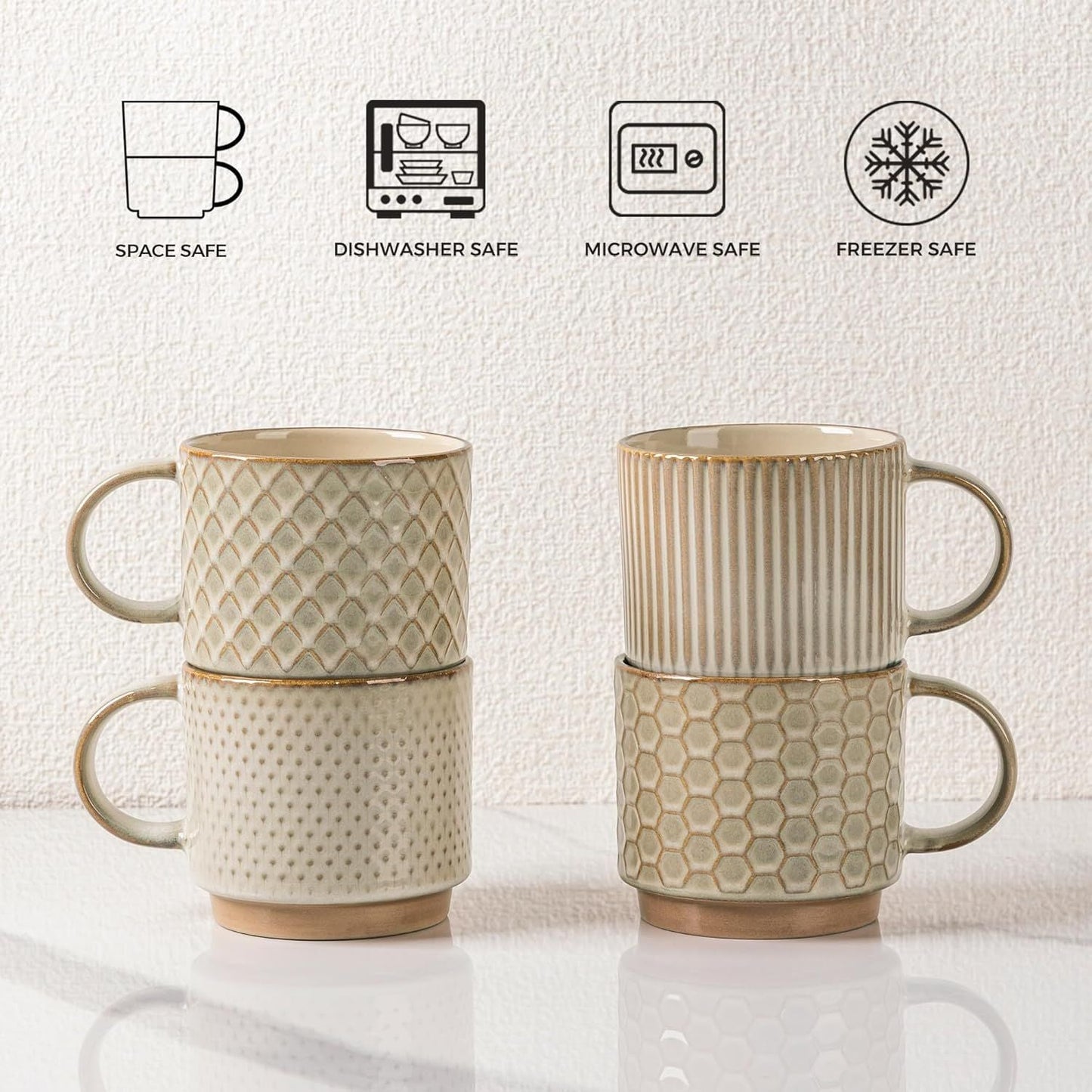 12OZ Stackable Coffee Mugs, Ceramic Coffee Mugs with Texture Patterns for Man,Woman,Dad,Mom, Modern Coffee Mugs Set of 4 for Latte/Cappuccino/Cocoa. Dishwasher&Microwave Safe, Pale Khaki